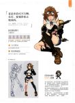  1girl absurdres artist_request asymmetrical_legwear bangs black_legwear blush boots bra breasts brown_hair chibi cleavage concept_art full_body fur_trim girls_frontline glasses glasses_on_head gloves gun hand_on_hip handgun highres jacket looking_at_viewer medium_breasts midriff official_art open_clothes open_jacket open_mouth scan short_hair shorts simple_background sitting torn_clothes underwear violet_eyes weapon white_background 