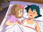  1boy 1girl bed black_hair blanket blue_eyes blush bow breath brown_hair closed_eyes collarbone commentary hair_bow head_bump looking_at_another lying mushi_gyouza on_back on_bed on_side open_mouth pikachu pillow pokemon pokemon_(anime) pokemon_(creature) pokemon_xy_(anime) revision satoshi_(pokemon) serena_(pokemon) short_hair sleeping snoring under_covers 