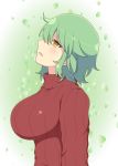  1girl arms_at_sides blush breasts from_side green_hair highres hikage_(senran_kagura) ichiryuu_tsumiki impossible_clothes large_breasts long_sleeves looking_up parted_lips profile ribbed_sweater short_hair slit_pupils solo sweater turtleneck turtleneck_sweater upper_body yellow_eyes 