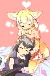  2girls ^_^ abstract_background ahobaka animal_ears bed_sheet black_gloves black_hair black_legwear black_ribbon black_skirt blonde_hair blue_shirt blush brown_hair clenched_hand closed_eyes common_raccoon_(kemono_friends) extra_ears eyebrows_visible_through_hair eyelashes facing_another fennec_(kemono_friends) finger_sucking finger_to_mouth floral_background fox_ears fox_tail fur_collar fur_trim gloves gradient_clothes gradient_legwear grey_hair hands_on_another&#039;s_head heart highres kemono_friends lap_pillow lying motion_lines multicolored_hair multiple_girls neck_ribbon open_mouth pantyhose petting pink_sweater pleated_skirt puffy_short_sleeves puffy_sleeves raccoon_ears raccoon_tail ribbon shadow shirt short_hair short_sleeve_sweater short_sleeves sitting skirt sleeping smile striped_tail sweater tail thumb_sucking twitter_username white_hair yellow_legwear yellow_ribbon yuri |3 