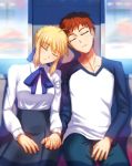  1boy 1girl ahoge artoria_pendragon_(all) blonde_hair bow braid brown_hair commentary emiya_shirou fate/stay_night fate_(series) fateline_alpha hair_bow hand_holding interlocked_fingers raglan_sleeves redhead saber sleeping train_interior 