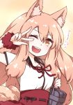  1girl :d animal_ears bag fate/extra fate/extra_ccc fate/extra_ccc_fox_tail fate_(series) fox_ears holding i.u.y long_hair looking_at_viewer one_eye_closed open_mouth saber_(fate/extra_ccc_fox_tail) school_bag smile solo v v_over_eye yellow_eyes 