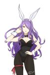  1girl animal_ears breasts bunnysuit camilla_(fire_emblem_if) cleavage cleavage_cutout fire_emblem fire_emblem_heroes fire_emblem_if hair_over_one_eye highres kyou_(ningiou) large_breasts long_hair looking_at_viewer purple_hair rabbit_ears simple_background smile solo solo_focus white_background 