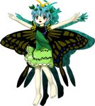  1girl antennae arms_up barefoot blue_hair butterfly_wings dress eternity_larva green_dress hidden_star_in_four_seasons leaf leaf_on_head lowres official_art oota_jun&#039;ya shoes solo touhou wings 