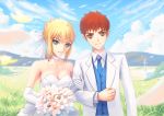  1boy 1girl ahoge blue_vest bouquet bow braid brown_eyes choker commentary dress elbow_gloves emiya_shirou excalibur fate/stay_night fate_(series) fateline_alpha flower formal gloves hair_bow husband_and_wife locked_arms redhead saber short_hair smile suit vest wedding_dress white_bow white_suit 