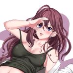  1girl :3 blue_eyes breasts brown_hair cleavage demio eyebrows_visible_through_hair hand_over_eye highres ichinose_shiki idolmaster idolmaster_cinderella_girls large_breasts long_hair looking_at_viewer lying navel on_back open_mouth smile solo 