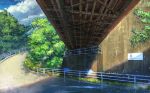  blue_sky clouds cloudy_sky day fence grass highres landscape no_humans original outdoors pippi_(pixiv_1922055) road scenery sky tree under_bridge 