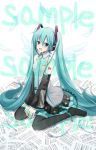  1girl aqua_eyes aqua_hair boots detached_sleeves feathers full_body hatsune_miku headset highres long_hair nail_polish necktie open_mouth sheet_music sitting skirt solo sudachi_(calendar) thigh-highs thigh_boots twintails very_long_hair vocaloid wariza white_background wings 