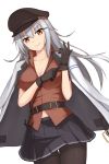  1girl bangs black_gloves black_legwear black_skirt blunt_bangs brown_eyes gangut_(kantai_collection) ghound gloves hat highres jacket_on_shoulders kantai_collection long_hair pantyhose peaked_cap pleated_skirt red_shirt remodel_(kantai_collection) shirt silver_hair skirt solo white_blazer 