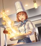  1girl :d anbe_yoshirou blue_neckerchief blue_skirt bottle brown_eyes brown_hair buttons chef_hat chef_uniform cooking fire from_below frying_pan hat highres holding holding_bottle indoors kitchen light long_sleeves neckerchief one_eye_closed open_mouth pepper_shaker pouring shirt short_hair skirt smile solo stove striped_neckerchief white_shirt 