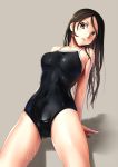  1girl arm_support black_swimsuit blush breasts brown_eyes brown_hair katahira_masashi long_hair looking_at_viewer medium_breasts one-piece_swimsuit original simple_background solo swimsuit water wet 