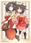  2girls bag beige_background blush boots bow briefcase brown_hair cross-laced_footwear earrings floral_print gears hair_bobbles hair_bow hair_ornament hakama highres japanese_clothes jewelry kimono lace-up_boots looking_at_viewer meiji_schoolgirl_uniform multiple_girls open_mouth original paper pink_kimono ponytail red_eyes red_hakama senhappyaku short_hair shoulder_bag smile striped striped_background tasuki watch watch wide_sleeves 