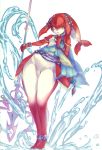  1girl breasts feet fins fish_girl full_body gem hair_ornament highres jewelry legs lipstick looking_at_viewer makeup mipha multicolored multicolored_skin polearm red_lips simple_background solo spear standing the_legend_of_zelda the_legend_of_zelda:_breath_of_the_wild water weapon white_background yellow_eyes zora 