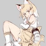  1girl :o animal_ears bare_shoulders blonde_hair blurry bow bowtie bute_(butegram) cat_ears cat_tail clenched_hands depth_of_field elbow_gloves extra_ears eyebrows_visible_through_hair eyelashes fangs gloves gradient_hair grey_background high-waist_skirt kemono_friends legs_together light_brown_eyes looking_at_viewer multicolored_hair open_mouth paw_pose petticoat print_gloves print_legwear print_skirt sand_cat_(kemono_friends) shirt shoelaces short_hair simple_background sketch skirt sleeveless sleeveless_shirt socks solo streaked_hair striped_tail tail tareme teeth upper_teeth white_bow white_bowtie white_footwear white_hair white_shirt 