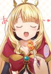  ... 1girl bangs blonde_hair blush cagliostro_(granblue_fantasy) cape closed_eyes crown food granblue_fantasy hairband highres holding holding_spoon kamiya_zuzu long_hair open_mouth solo_focus spoken_ellipsis spoon translation_request 