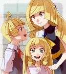  1boy 2girls blonde_hair blush braid dress family gem gladio_(pokemon) green_eyes hands_on_another&#039;s_shoulders highres lillie_(pokemon) long_hair looking_at_another looking_at_viewer lusamine_(pokemon) mother_and_daughter mother_and_son multiple_girls pokemon pokemon_(anime) pokemon_sm_(anime) smile twin_braids upper_body younger yu_(mekeneko1998) 