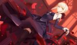  1girl bare_shoulders black_dress black_legwear blonde_hair braid breasts criss-cross_halter dark_excalibur detached_sleeves dress dutch_angle expressionless eyebrows_visible_through_hair fate/stay_night fate_(series) french_braid hair_ribbon halterneck highres indoors looking_at_viewer motion_blur petals ribbon rose_petals saber saber_alter small_breasts solo sword thigh-highs weapon yangsion yellow_eyes 
