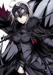  1girl ahoge armor armored_dress bangs black_legwear breasts cape cowboy_shot eyebrows_visible_through_hair fate/grand_order fate_(series) faulds flag fur_collar gauntlets headpiece jeanne_alter looking_at_viewer medium_breasts open_mouth pale_skin parted_lips ruler_(fate/apocrypha) sakiyamama short_hair signature silver_hair simple_background smile thigh-highs white_background yellow_eyes 