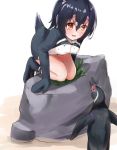  1girl :d akabane_hibame animal bird black_hair brown_eyes eyebrows_visible_through_hair grape-kun hair_between_eyes headphones highres humboldt_penguin humboldt_penguin_(kemono_friends) jacket kemono_friends kneeling leaning_forward looking_at_another multicolored_hair open_mouth penguin rock short_hair smile solo tail 