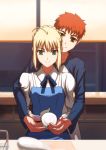  1boy 1girl apron brown_eyes cooking emiya_shirou fate/stay_night fate_(series) fateline_alpha green_eyes highres raglan_sleeves redhead saber short_hair smile 