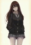  1girl brown_hair cardigan commentary_request earrings expressionless green_eyes hands_in_pockets idolmaster idolmaster_cinderella_girls jewelry long_hair looking_at_viewer naga1047 necklace necktie school_uniform shibuya_rin solo 