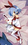  1girl bed_sheet blue_hair bow crestquest detached_collar detached_sleeves disgaea dress from_above hair_bow hair_over_one_eye hairband looking_at_viewer lying miniskirt necktie on_side pleinair pointy_ears red_bow red_eyes red_hairband red_necktie same-san shoes short_hair skirt stuffed_animal stuffed_bunny stuffed_toy thigh-highs usagi-san white_dress white_legwear white_shoes 