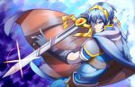  1boy angry armor blue_eyes blue_hair cape edgar_(azurebladexiii) falchion_(fire_emblem) fire_emblem fire_emblem:_mystery_of_the_emblem gloves male_focus marth short_hair sword tiara weapon 