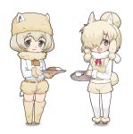  2girls :3 :d alpaca_ears alpaca_huacaya_(kemono_friends) alpaca_suri_(kemono_friends) alpaca_tail animal_ears bangs beige_legwear beige_shorts beige_vest belt blonde_hair blue_eyes blush boots breast_pocket brown_belt brown_boots brown_footwear brown_necktie closed_mouth cup curry curry_rice dot_nose drink eyebrows_visible_through_hair eyelashes food full_body fur-trimmed_boots fur-trimmed_sleeves fur-trimmed_vest fur_collar fur_trim hair_bun hair_ornament hair_over_one_eye hair_ribbon hair_tie hat holding holding_food holding_tray kemono_friends lavender_eyes long_sleeves looking_at_viewer moru_(monaka) multicolored multicolored_ribbon multiple_girls neck_ribbon necktie open_mouth pantyhose pantyhose_under_shorts pink_ribbon pocket puffy_shorts ribbon rice shadow shirt short_hair short_necktie shorts sidelocks simple_background smile standing swept_bangs tail tareme tea teacup thigh-highs tray tress_ribbon vest white_background white_shirt yellow_ribbon 