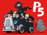  2boys 3girls amamiya_ren animal_ears atlus black_eyes black_hair blonde_hair blue_eyes brown_eyes brown_hair bus cat_ears cat_tail chibi copyright_name driving grin ground_vehicle gun handgun high_collar holding holding_gun holding_weapon kurusu_akira lipstick long_hair long_sleeves makeup mask megami_tensei morgana_(persona_5) motor_vehicle multiple_boys multiple_girls nekorin_(nekoforest) niijima_makoto persona persona_5 red_background red_eyes sakamoto_ryuuji sakura_futaba simple_background smile tail takamaki_anne vehicle weapon 