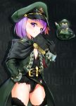  1girl blush book breasts commentary fate/grand_order fate_(series) gloves hat helena_blavatsky_(fate/grand_order) leotard looking_at_viewer military military_hat military_uniform peaked_cap purple_hair short_hair small_breasts smile solo spica_(starlitworks) thigh-highs uniform violet_eyes 