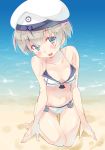  1girl :d adapted_costume aqua_eyes bangs bare_shoulders beach blush breasts cleavage clothes_writing collarbone commentary_request eyebrows eyebrows_visible_through_hair eyes_visible_through_hair hair_between_eyes hat highres imu_sanjo kantai_collection looking_at_viewer navel neckerchief open_mouth sailor_collar sailor_hat short_hair silver_hair small_breasts smile solo swimsuit thigh_gap water white_hat z1_leberecht_maass_(kantai_collection) 