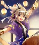  1girl :d arm_up bracelet brown_eyes brown_hair drum earmuffs hairband instrument japanese_clothes jewelry looking_at_viewer makuwauri open_mouth outstretched_arm short_hair smile solo touhou toyosatomimi_no_miko 