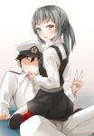  1boy 1girl admiral_(kantai_collection) belt blush commentary_request dress girl_on_top grey_hair hat highres kantai_collection kasumi_(kantai_collection) long_hair military military_uniform naval_uniform negahami open_mouth peaked_cap pinafore_dress shirt side_ponytail straddling uniform v white_shirt yellow_eyes 