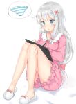  1girl blue_eyes blush bow eromanga_sensei hair_bow highres izumi_sagiri legs long_hair pajamas panties pink_bow silver_hair simple_background sitting slippers solo striped striped_panties stylus tablet_pc thought_bubble underwear white_background yddsb123 