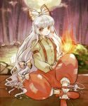 1girl bamboo bamboo_forest bow burning_hand collared_shirt expressionless fire forest fujiwara_no_mokou full_moon hair_bow ji_(jioooooong) knee_up legs_crossed long_hair moon nature night night_sky overalls red_eyes shirt shoes sitting sky solo touhou white_hair 