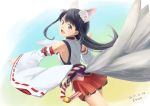  1girl animal_ears black_hair chitose_yui detached_sleeves errant fox_ears fox_tail japanese_clothes long_hair looking_at_viewer miko multiple_tails open_mouth school_girl_strikers solo tail violet_eyes 
