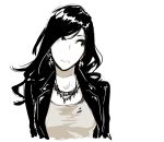  1girl black_hair black_jacket cross cross_earrings earrings jacket jewelry leather leather_jacket long_hair looking_to_the_side monochrome necklace open_clothes open_jacket original poaro shirt simple_background sketch solo upper_body wavy_hair white_background 
