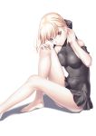  1girl adjusting_hair alternate_costume arm_garter bangs bare_legs bare_shoulders barefoot black_bow black_swimsuit blonde_hair bow braid breast_press breasts casual_one-piece_swimsuit covered_navel erect_nipples eyebrows_visible_through_hair fate_(series) feet hair_bow hand_in_hair highres invisible_chair knees_up kukuri_(ahagon) legs looking_at_viewer medium_breasts one-piece_swimsuit saber saber_alter short_hair simple_background sitting skin_tight solo swimsuit toes tsurime white_background yellow_eyes 