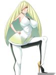  1girl bare_shoulders blonde_hair breasts diamond_(shape) erect_nipples green_eyes hand_on_hip high_heels hips large_breasts leggings legs long_hair looking_at_viewer lusamine_(pokemon) mature parted_lips pokemon pokemon_(game) pokemon_sm sideboob simple_background sleeveless solo tamezou very_long_hair white_background 