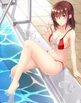  1girl :p benchen06 bikini blush breasts brown_eyes brown_hair cleavage highres looking_at_viewer medium_breasts navel original poolside sitting smile solo strap_pull swimsuit tagme tongue tongue_out 