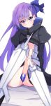  1girl armor armored_boots blue_eyes blue_ribbon boots coat crotch_plate enelis fate/extra fate/extra_ccc fate_(series) hair_ribbon long_hair long_sleeves meltlilith purple_hair revealing_clothes ribbon sleeves_past_wrists solo spikes very_long_hair 