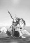  2girls :d antenna_hair arm_up back-to-back bangs bare_shoulders belt breasts detached_sleeves elbow_gloves eyebrows_visible_through_hair from_side frown gloves gradient_hair greyscale hair_between_eyes hair_bun horizon isuzu_(kantai_collection) kantai_collection kou1 lens_flare long_hair looking_at_another looking_at_viewer looking_back looking_to_the_side medium_breasts monochrome multicolored_hair multiple_girls naka_(kantai_collection) neckerchief open_mouth pleated_skirt pointing pointing_up ribbon short_hair short_sleeves sitting skirt small_breasts smile thigh-highs twintails 