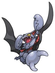  bat_wings black_wings facing_away flying full_body gliscor no_humans open_mouth pearl7 pincers pokemon pokemon_(creature) pokemon_(game) pokemon_dppt sharp_teeth simple_background solo stinger teeth tongue white_background wings yellow_eyes 