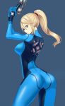  1girl ass blonde_hair blue_background blue_bodysuit blue_eyes bodysuit breasts cowboy_shot gun hair_between_eyes hands_together long_hair metroid mole open_mouth ponytail profile ru_(16857772) samus_aran sidelocks skin_tight solo weapon zero_suit 