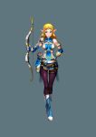  1girl absurdres ah-lyong_lee armor arrow blonde_hair blue_background blue_boots blue_eyes blue_gloves boots bow_(weapon) breasts character_request circlet crossed_ankles detached_collar elbow_gloves elf fingerless_gloves full_body gem gloves grey_background hand_on_hip highres holding holding_bow_(weapon) holding_weapon jewelry knee_boots light_smile long_hair looking_at_viewer medium_breasts multiple_belts original pantyhose pauldrons pelvic_curtain pendant pointy_ears purple_legwear quiver simple_background slender_waist solo standing thigh_gap thigh_strap turtleneck weapon 