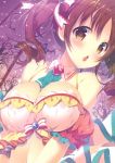  1girl absurdres blush bow breasts brown_eyes brown_hair chestnut_mouth cleavage eyebrows_visible_through_hair hair_bow highres idolmaster idolmaster_cinderella_girls large_breasts looking_at_viewer mitsumomo_mamu navel open_mouth red_bow short_hair solo totoki_airi twintails white_bow 