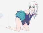  1girl bangs bare_legs barefoot blue_eyes blue_swimsuit blush bow closed_mouth collarbone eromanga_sensei eyebrows_visible_through_hair grey_background hair_between_eyes hair_bow izumi_sagiri jacket kneeling long_hair looking_back mirror open_clothes open_jacket pink_bow school_swimsuit simple_background sleeves_past_wrists so_shina solo swimsuit thighs white_hair 