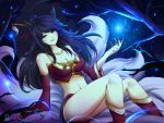  1girl ahri alternate_costume alternate_hairstyle animal_ears bare_shoulders black_hair breasts cleavage detached_sleeves energy_ball facial_mark fingernails fox_ears fox_tail highres large_breasts league_of_legends lips long_fingernails long_hair midriff multiple_tails nail_polish navel slit_pupils solo tail whisker_markings yellow_eyes 