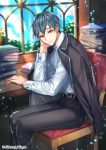  1boy belt blue_sky book brown_eyes chair copyright_name formal indoors interitio looking_at_viewer male_focus official_art shirt sid_story sitting sky solo suit sunlight white_shirt window 