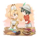  2girls :d ^_^ animal_ears asu_tora bare_shoulders blonde_hair book book_stack bow bowtie bucket_hat closed_eyes commentary elbow_gloves eyebrows_visible_through_hair gloves green_hair hat hat_feather high-waist_skirt kaban_(kemono_friends) kemono_friends looking_at_another multiple_girls open_book open_mouth origami print_bow print_gloves print_skirt red_shirt serval_(kemono_friends) serval_ears serval_print shirt short_hair skirt sleeveless sleeveless_shirt smile table white_shirt yellow_eyes 